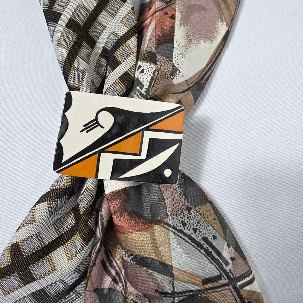 Upcycled  Scarf Tie Women‎ OS Brown w Brooch Artsy